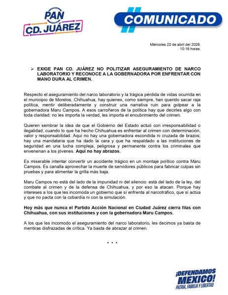 Pide PAN no politizar aseguramiento de narco laboratorio y respalda a Maru Campos