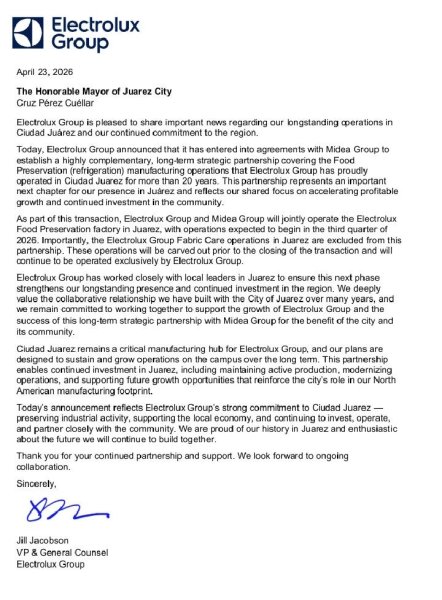 Electrolux y Midea sellan alianza que proyecta crecimiento industrial en Juárez