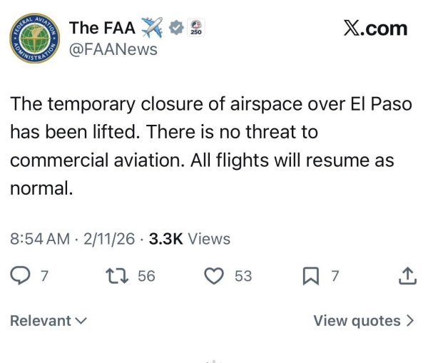 Se levanta cierre temporal del espacio aéreo en El Paso