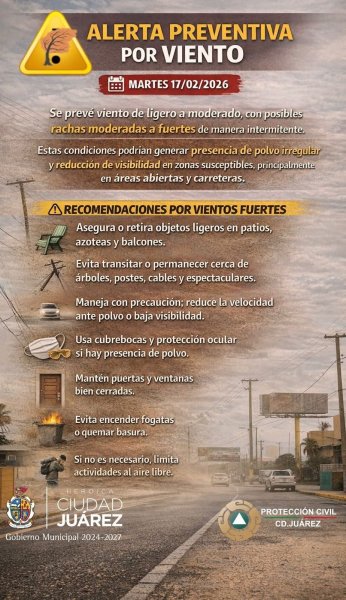 Emite PC alerta preventiva por viento en Juárez