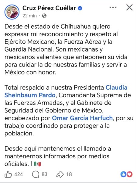 Cruz Pérez Cuéllar reconoce labor de Fuerzas Armadas
