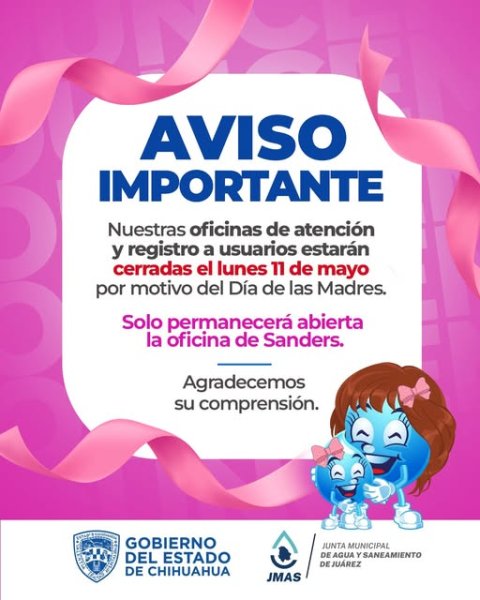 JMAS anuncia cierre de oficinas el lunes 11 de mayo; solo abrirá centro de atención Sanders