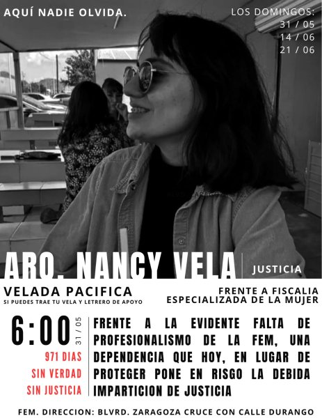 Realizarán velada pacífica por Nancy Vela frente a la FEM